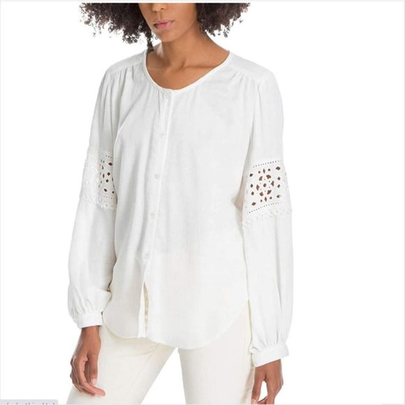 Max Studio Top Blouse Button Up Shirt White sz L Eyelet Balloon Sleeve… - Picture 1 of 8